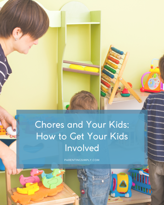 Mother helping kids organize and clean up their toys